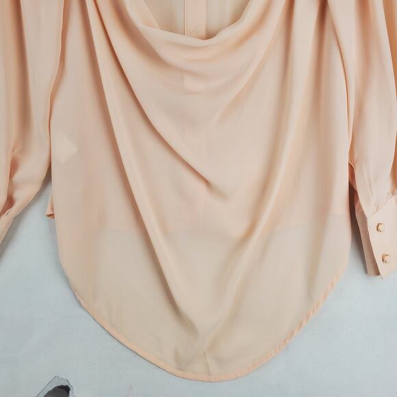 Y2K Fairy Grunge Silky Tunic Blouse M Peach w/ Black Floral Lace Sheer Open Back - Picture 7 of 14